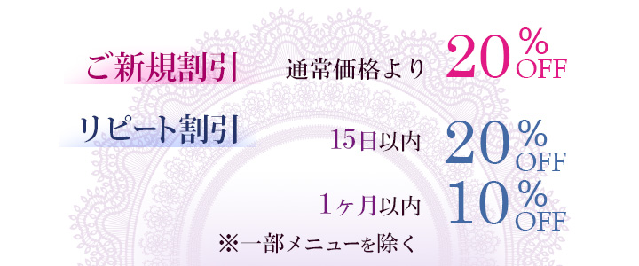 ご新規割引、通常価格より20％OFF　リピート割引、15日以内20％OFF、一ヶ月以内10％OFF　※一部メニューを除く